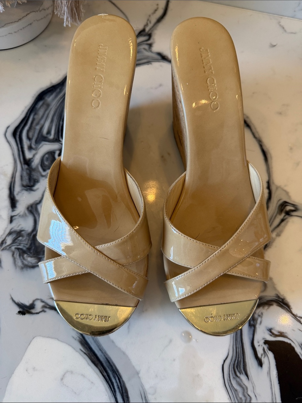 Jimmy Choo Beige Patent Leather Cross-Strap Slides with Gold Toe Cap